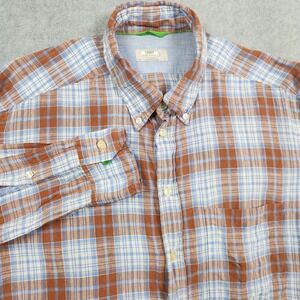 Eton Contemporary Shirt Large Plaid Blue Orange Linen Button Down Long Sleeve
